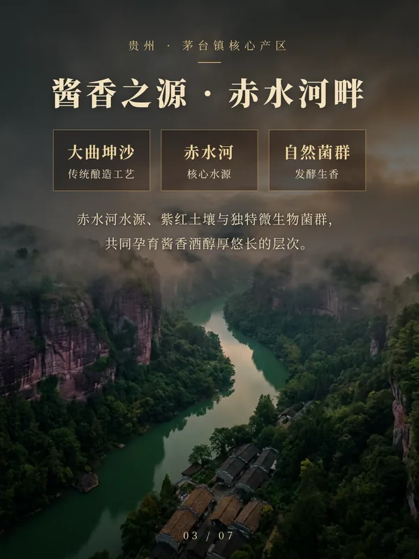 第 3 页：酱香之源·赤水河畔，大曲坤沙、赤水河、自然菌群